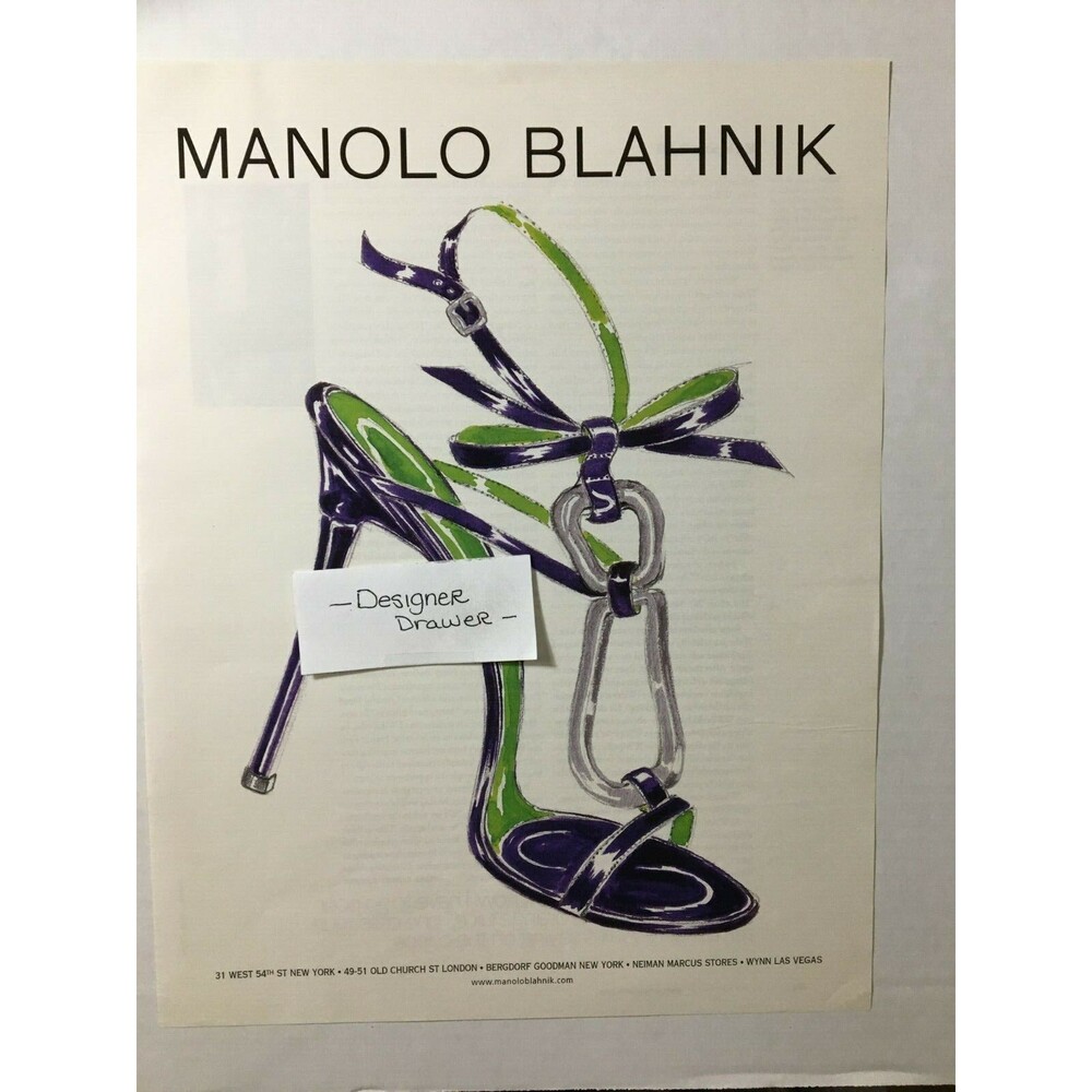 Manolo Blahnik Illustrated 2008 Purple & Green Shoes Print Advertisement
